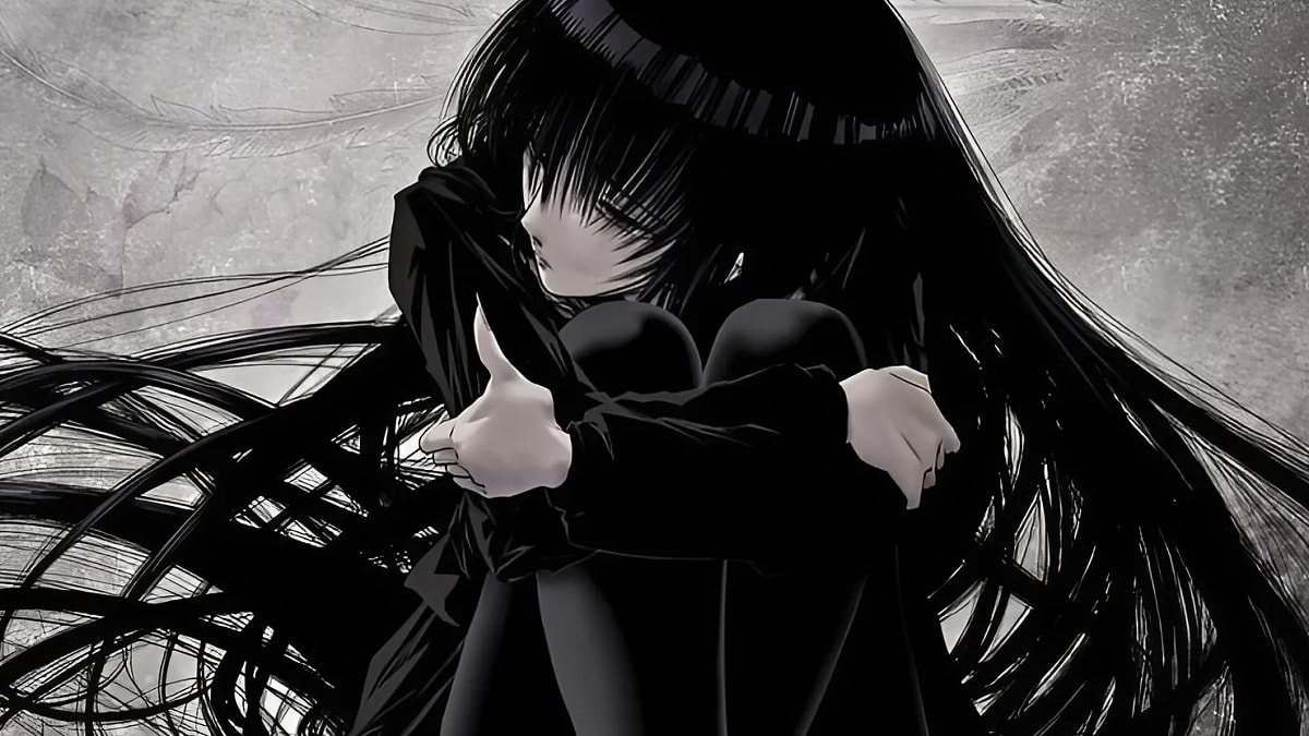 Hình nền anime cô gái buồn, tóc đen dài, độ phân giải 1080x1920, chất lượng HD, phong cách nghệ thuật tối giản.