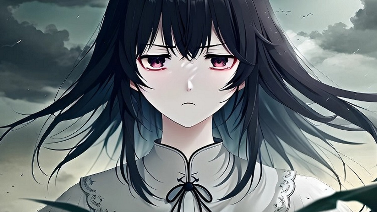 Hình nền anime cô gái tóc đen mắt tím, bầu trời mây xám, độ phân giải 1080x1920, chất lượng HD.
