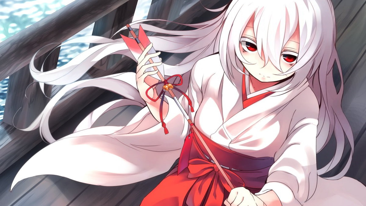 Anime girl in traditional outfit by the sea, serene setting, 675x1200, HD quality, perfect for wallpaper.