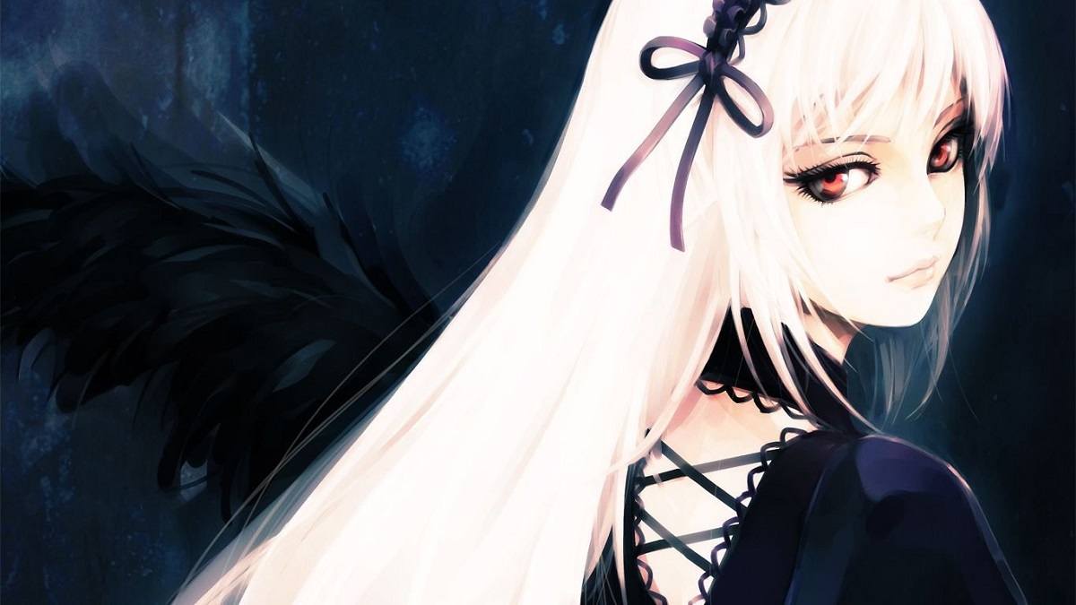 Anime girl with white hair and black wings, captivating gaze. Dark theme wallpaper, HD quality, 1080x1920 resolution.