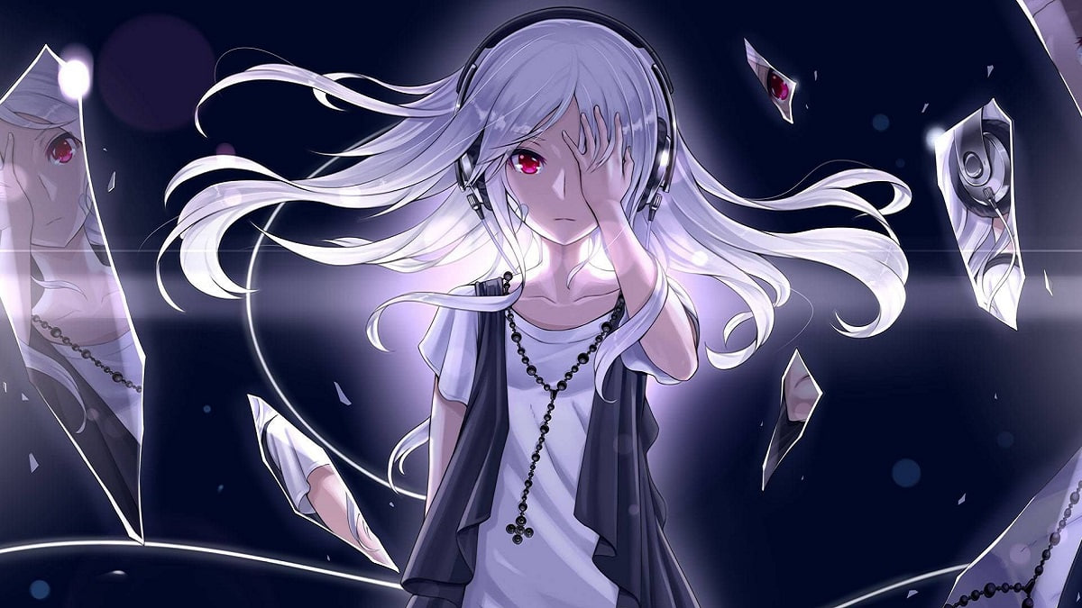 Hình nền anime cô gái tóc trắng đeo tai nghe, không gian kỳ ảo, độ phân giải 1080x1920, chất lượng HD, nghệ thuật số.