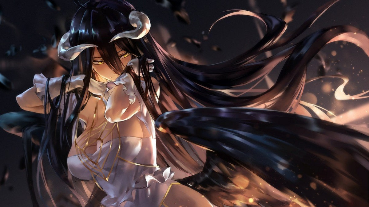 Hình nền anime huyền bí với nhân vật nữ cánh đen và sừng, độ phân giải 1080x1920, chất lượng HD.