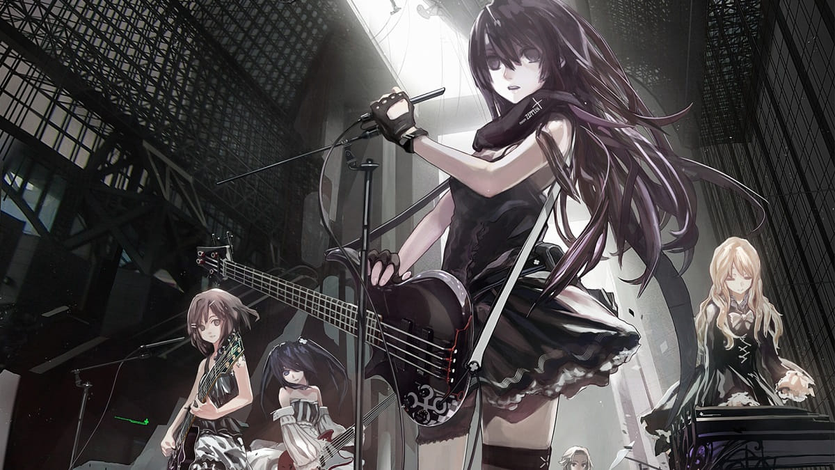 Ban nhạc anime biểu diễn trên sân khấu, hình nền 1080x1920 chất lượng HD, phong cách nghệ thuật sống động.