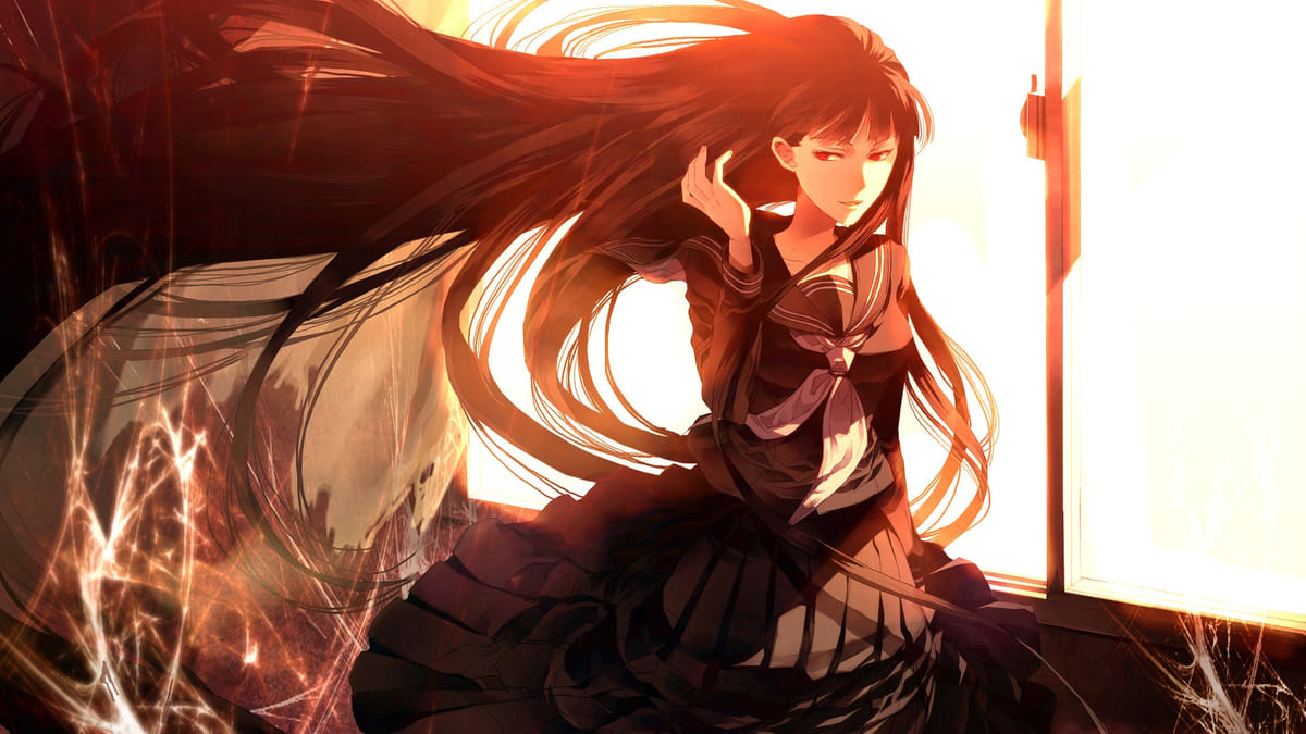 Anime girl by window in sunset, long hair flowing, HD 1080x1920 wallpaper, warm tones, captivating atmosphere.