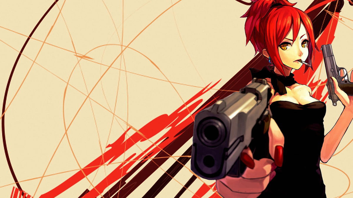Anime girl with guns, stylish red hair, abstract background. 1080x1920, HD wallpaper, dynamic art theme.