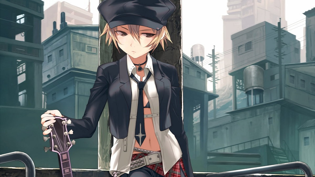 Anime nhân vật nữ ngầu với cây đàn guitar, nền thành phố, chất lượng HD, 1080x1920, phong cách thời trang cá tính.