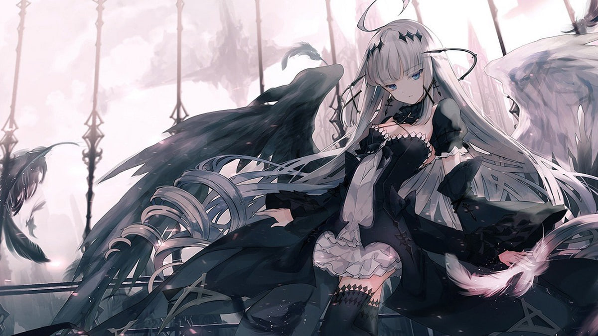 Thiên thần anime với đôi cánh đen kỳ bí, độ phân giải 1080x1920, hình nền HD tuyệt đẹp, nghệ thuật anime.