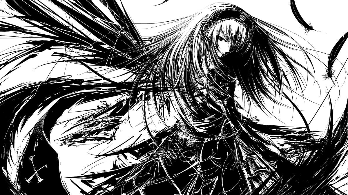 Hình nền anime nghệ thuật đen trắng, độ phân giải 1080x1920, chất lượng HD, phong cách huyền bí và cuốn hút.