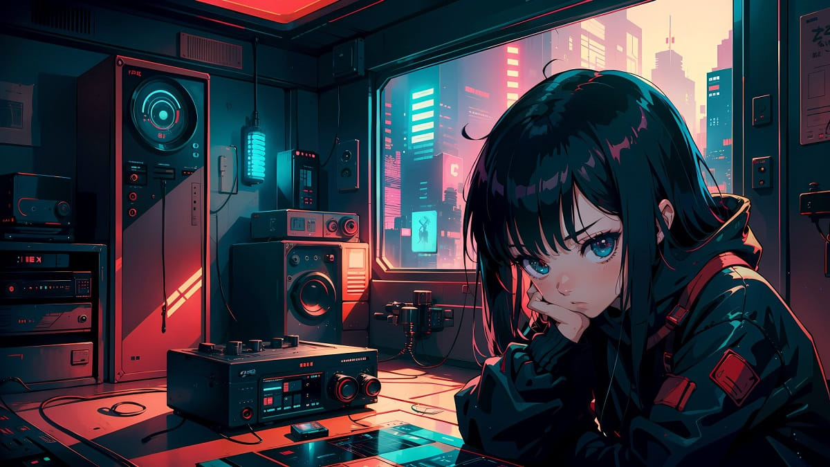 Hình nền anime cô gái trong phòng công nghệ tối, đô thị neon bên ngoài, 1080x1920, chất lượng HD.