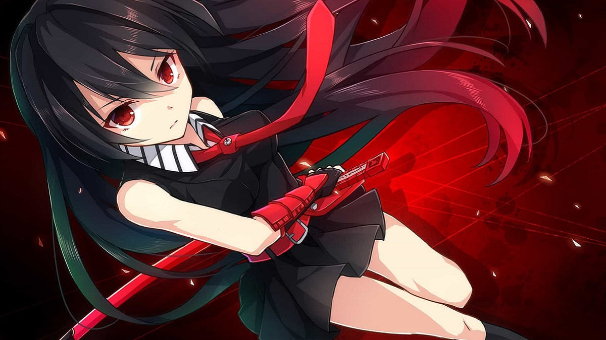 Anime girl with sword on vibrant red background, HD 1080x1920 wallpaper. Energetic and dynamic anime art.