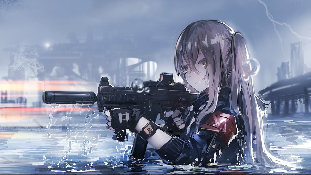Anime girl with rifle in water, dramatic backdrop, HD quality, 1080x1920 resolution, perfect for action-themed wallpapers.