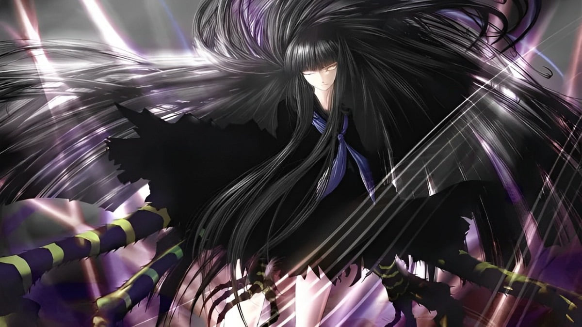 Hình nền anime phong cách huyền bí, nhân vật tóc đen dài, ánh sáng mờ ảo, độ phân giải 1080x1920, chất lượng HD.