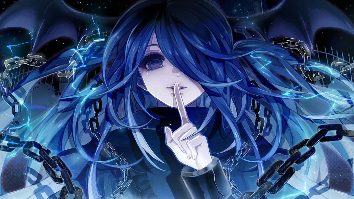Hình nền anime huyền bí với cô gái tóc xanh, cánh dơi trong đêm, 1080x1920 HD. Tạo cảm giác hấp dẫn và kỳ ảo.