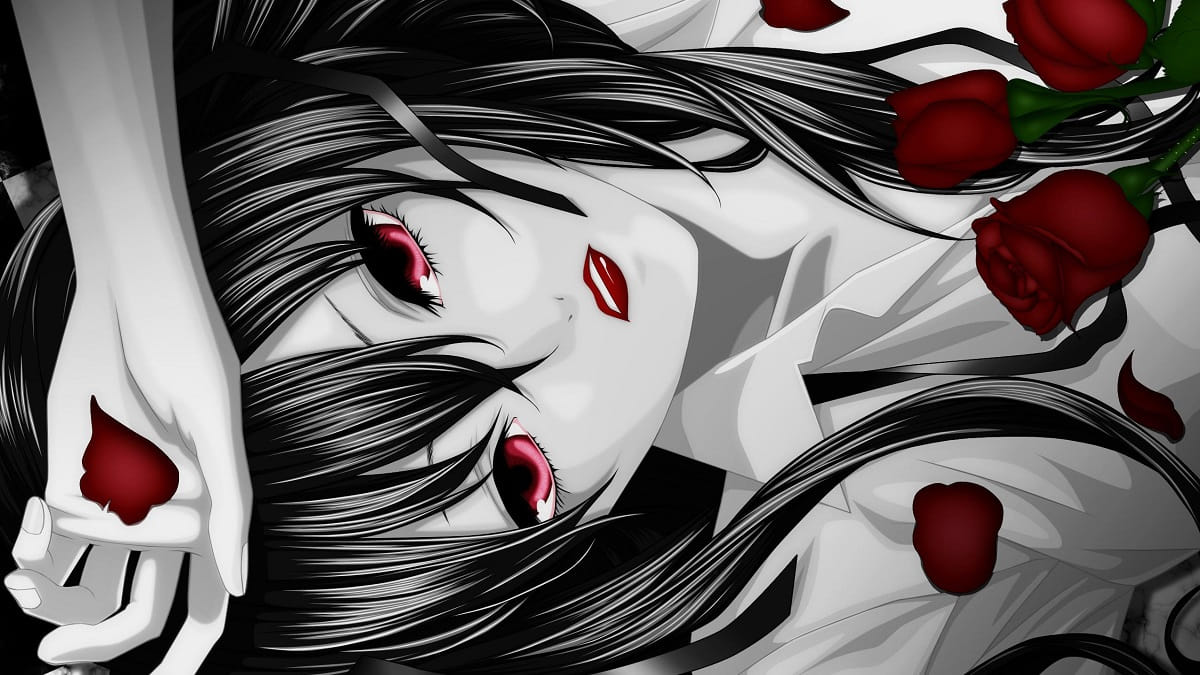 Anime girl with red roses, black and white theme, HD quality, resolution 1080x1920. Captivating wallpaper design.