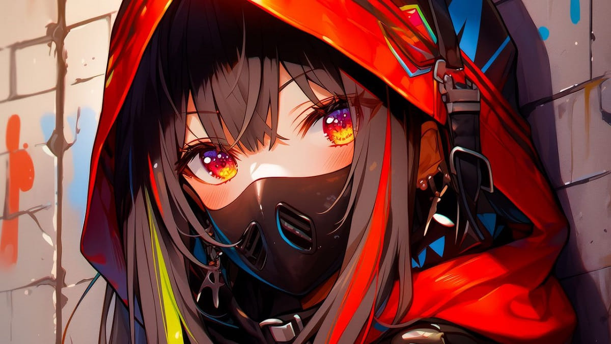 Hình nền anime cô gái đeo mặt nạ, áo choàng đỏ, mắt sáng, độ phân giải 1080x1920, chất lượng HD, phong cách bí ẩn.