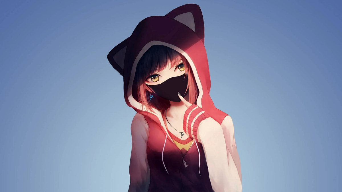 Hình nền anime cô gái trong áo hoodie đỏ, nền xanh, độ phân giải 1080x1920, chất lượng HD, phong cách nghệ thuật.