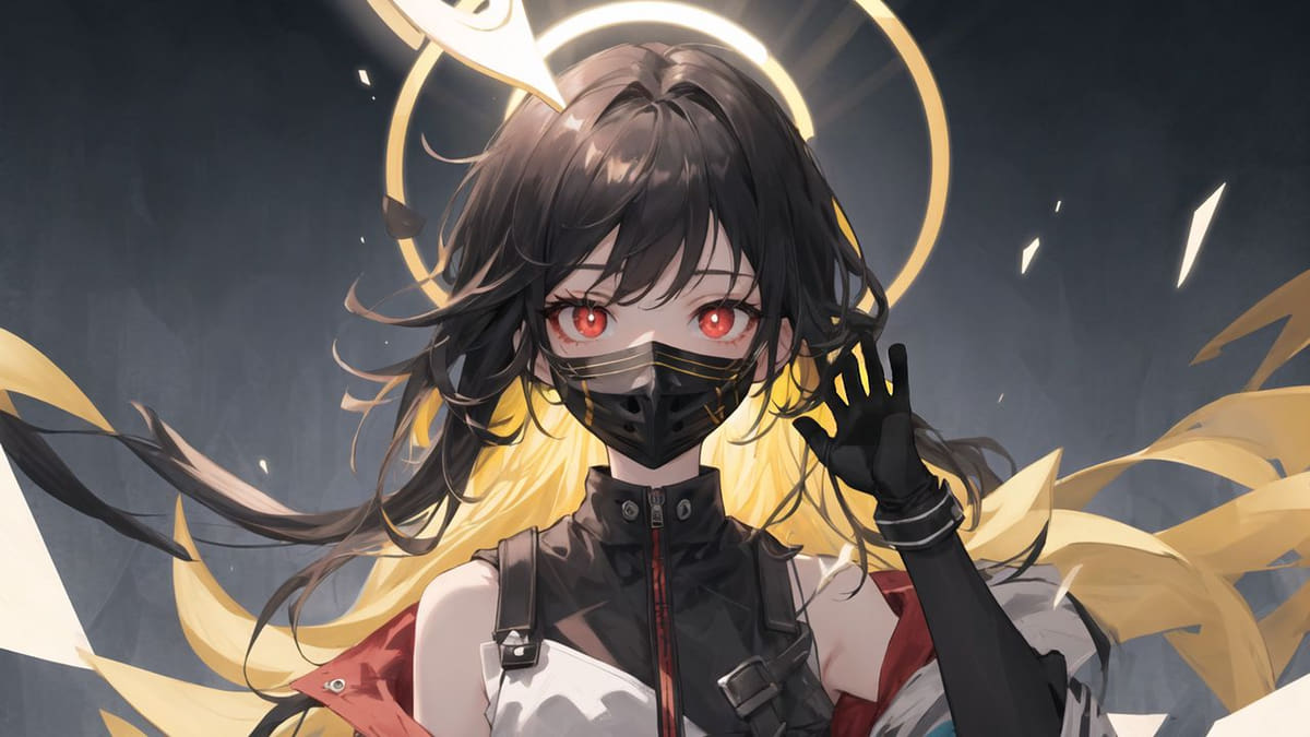 Hình nền anime cô gái đeo mặt nạ với ánh hào quang, độ phân giải 1080x1920, chất lượng HD, nghệ thuật sống động.