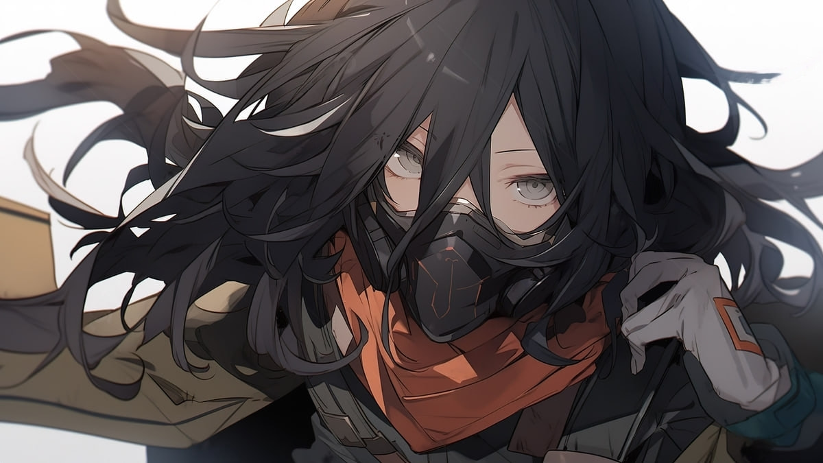 Anime nhân vật đeo khẩu trang với tóc bay, độ phân giải 1080x1920, hình nền HD sống động và bí ẩn.