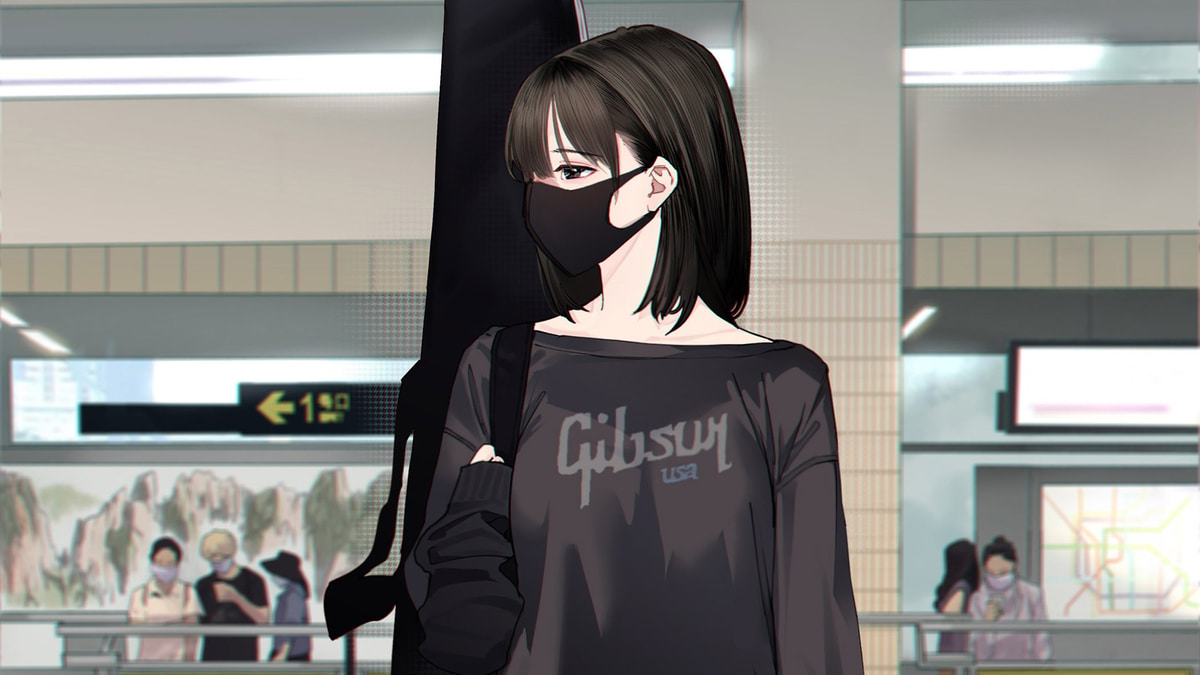Anime cô gái đeo khẩu trang tại ga tàu, phong cách hiện đại, chất lượng HD, 1080x1920, nền tảng sáng tạo hấp dẫn.