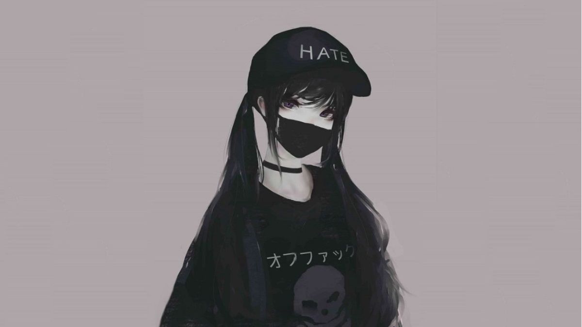 Hình nền anime phong cách gothic, nhân vật đeo khẩu trang, mũ đen, độ phân giải 1080x1920, chất lượng HD.