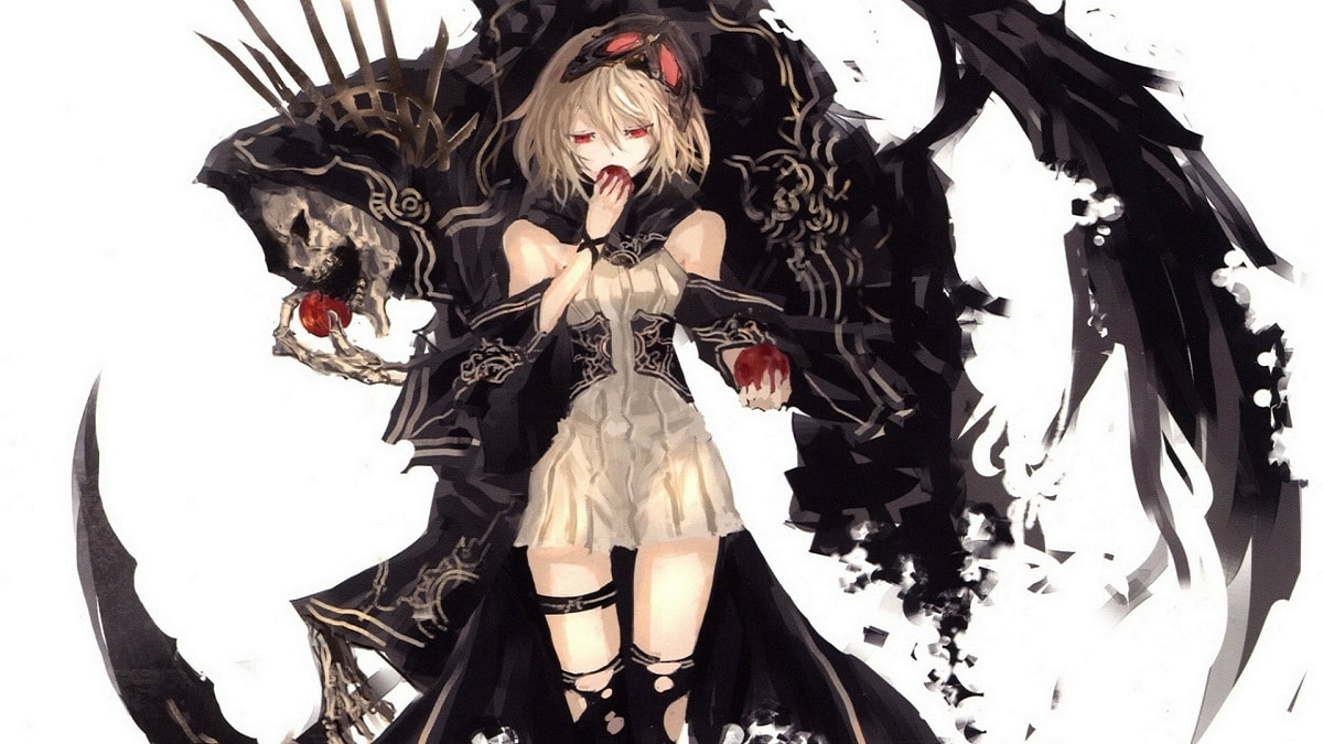 Hình nền nghệ thuật nhân vật anime huyền bí, cầm táo đỏ, độ phân giải 1080x1920, chất lượng HD, phong cách fantasy.