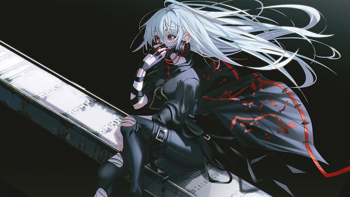 Hình nền anime nghệ thuật, nhân vật bí ẩn với tóc dài trong trang phục đen đỏ, độ phân giải 1080x1920, chất lượng HD.