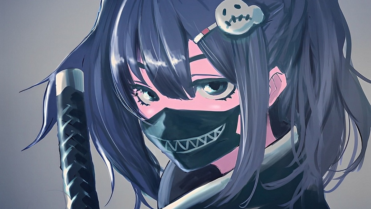 Hình nền anime nữ chiến binh đeo khẩu trang, 1080x1920, chất lượng HD, phong cách mạnh mẽ và bí ẩn.