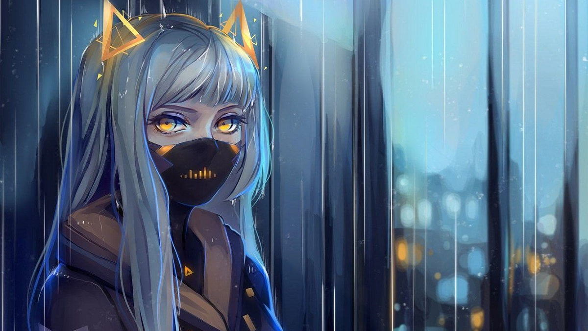 Alt text: "Hình nền anime cô gái đeo mặt nạ giữa mưa, phong cách cyberpunk, độ phân giải 1080x1920, chất lượng HD"