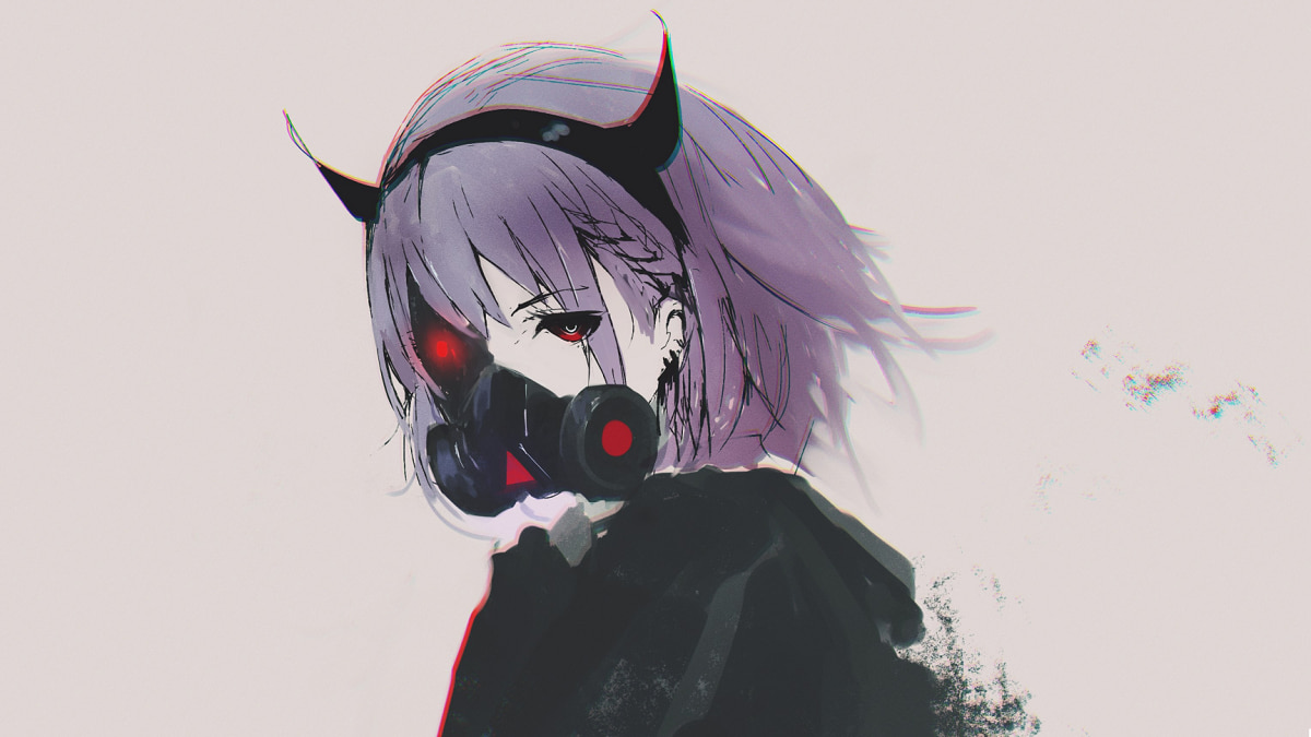 Anime girl with gas mask and horns, HD wallpaper, 1080x1920 resolution, artistic and mysterious theme.