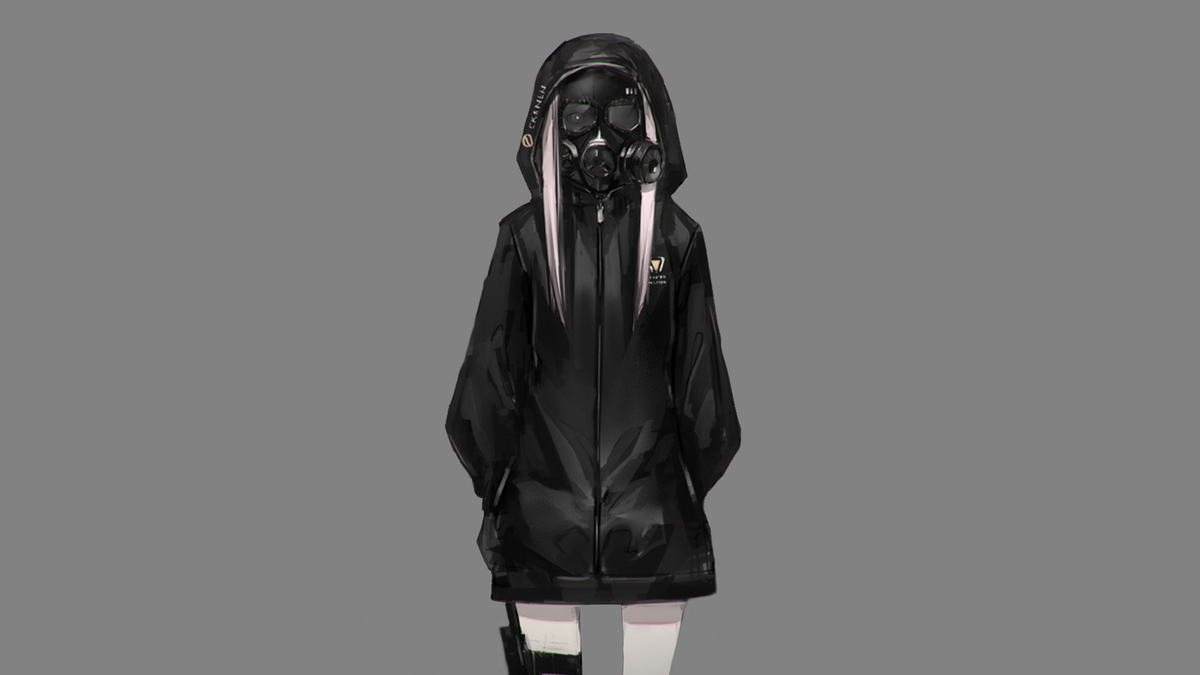 Hình nền anime nhân vật mặc áo khoác đen, đeo mặt nạ khí, nền xám, độ phân giải 1080x1920, chất lượng HD.
