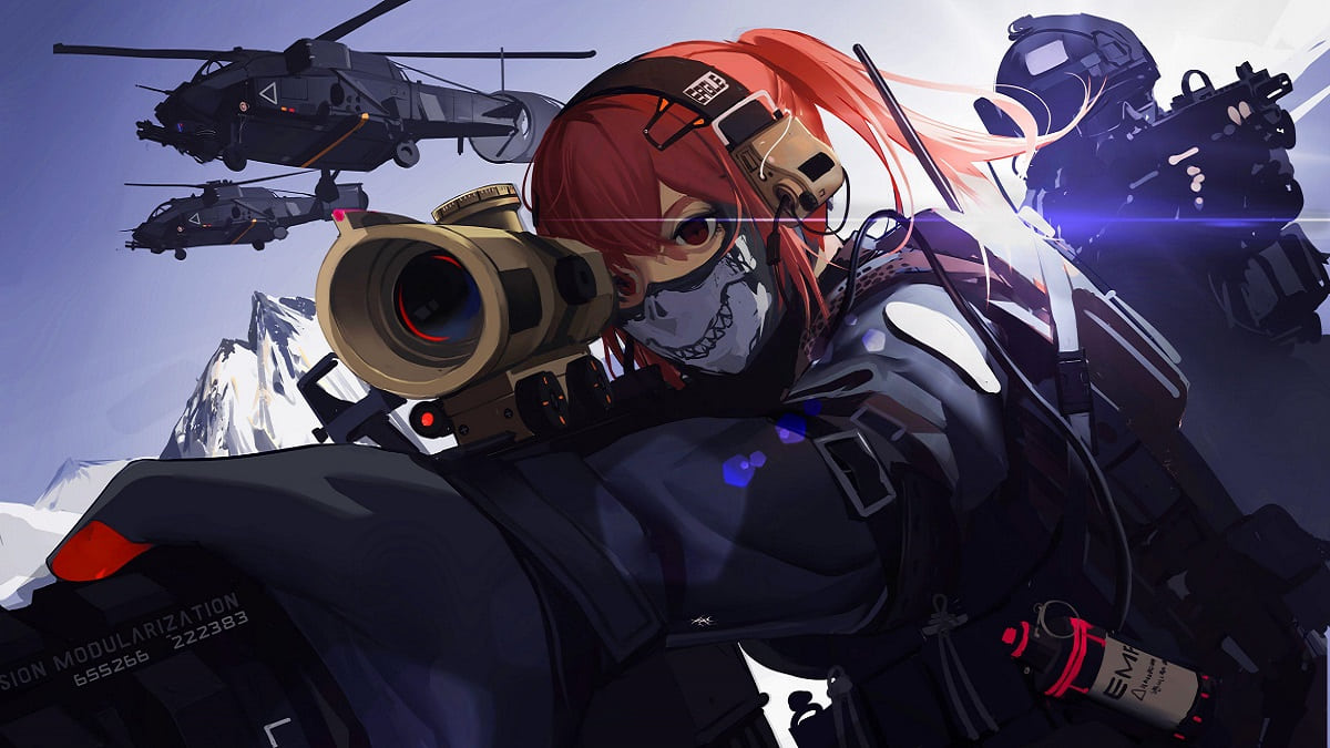 Hình nền anime quân đội với trực thăng và núi tuyết, độ phân giải 1080x1920, chất lượng HD.