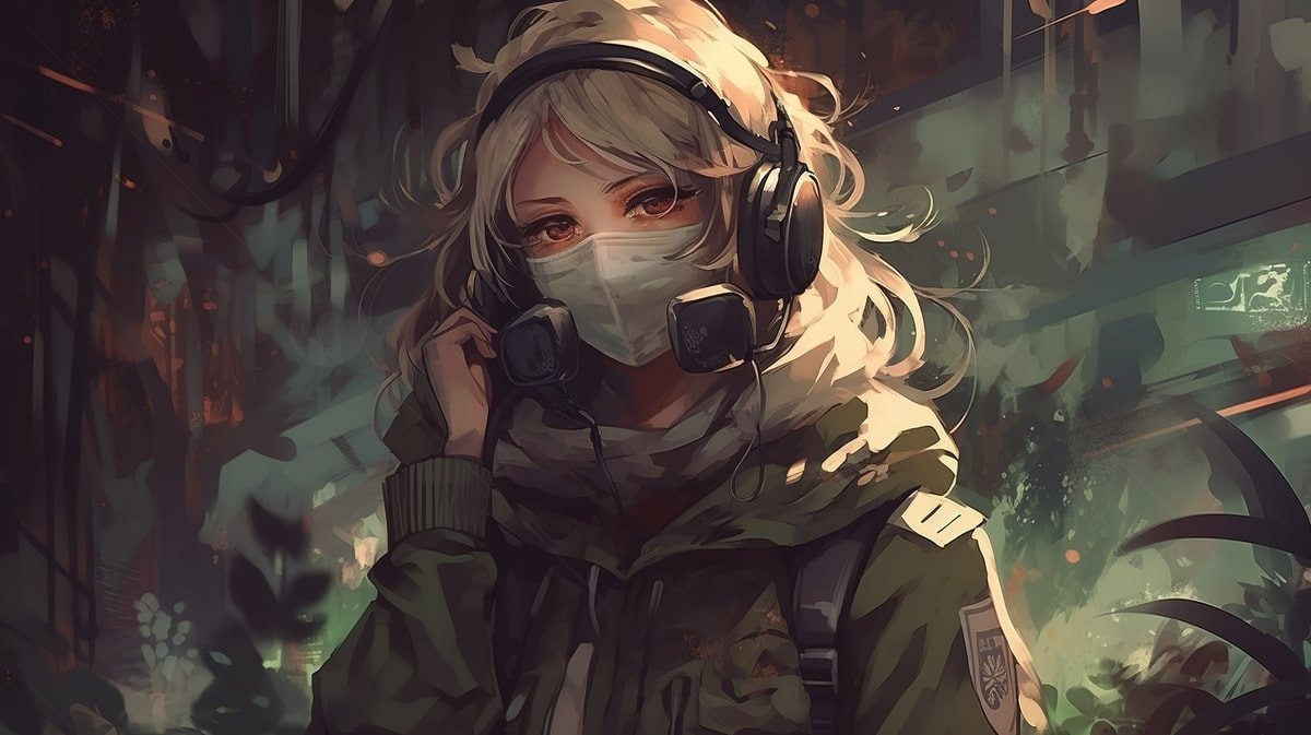 Anime cô gái đeo tai nghe trong nền rừng bí ẩn, độ phân giải 1080x1920, chất lượng HD, phong cách nghệ thuật mê hoặc.