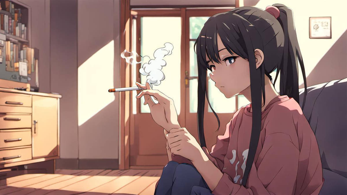 Anime girl relaxing in a cozy room, smoking, high quality 1080x1920 HD wallpaper, perfect for a serene background.