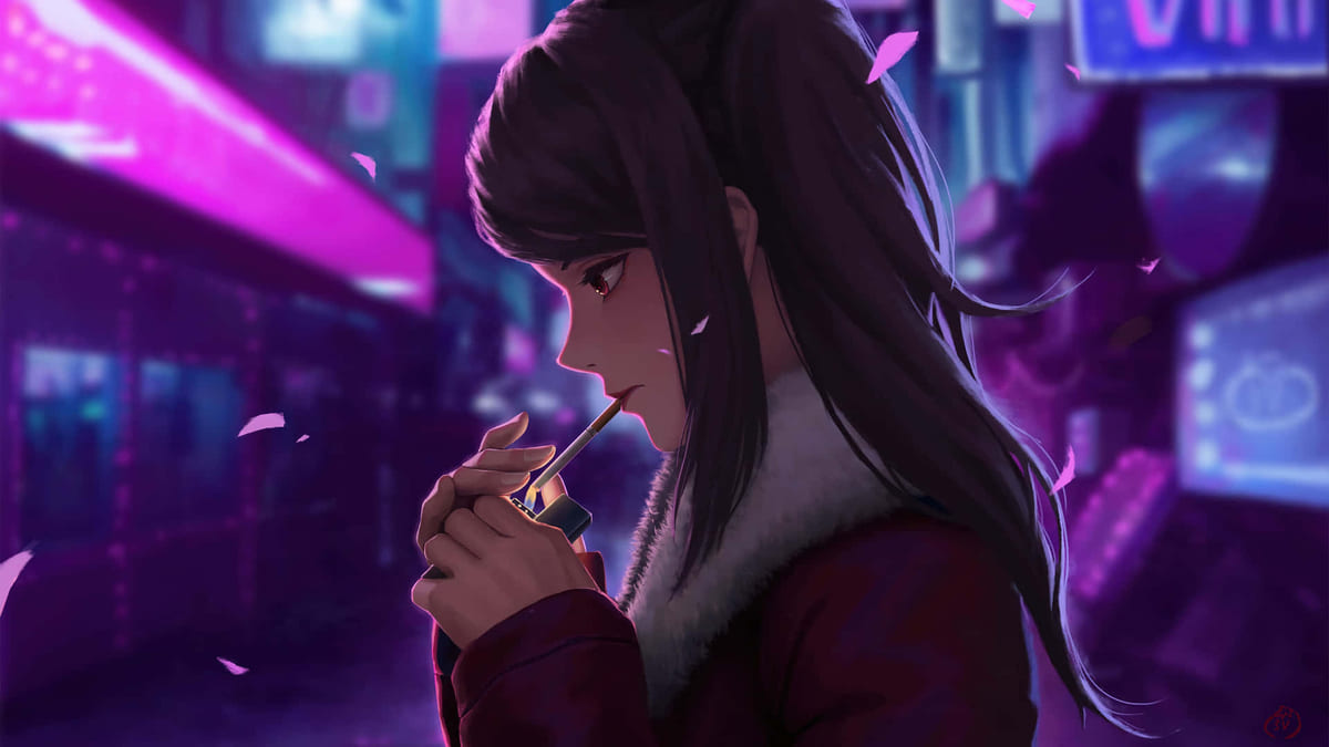 Hình nền anime cô gái trong thành phố đêm, ánh sáng neon, độ phân giải 1080x1920, chất lượng HD, nghệ thuật kỹ thuật số.
