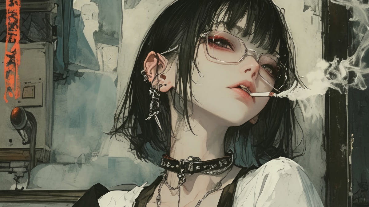 Hình nền anime nghệ thuật với cô gái phong cách cá tính, độ phân giải 1080x1920, chất lượng HD, tạo cảm giác bí ẩn.