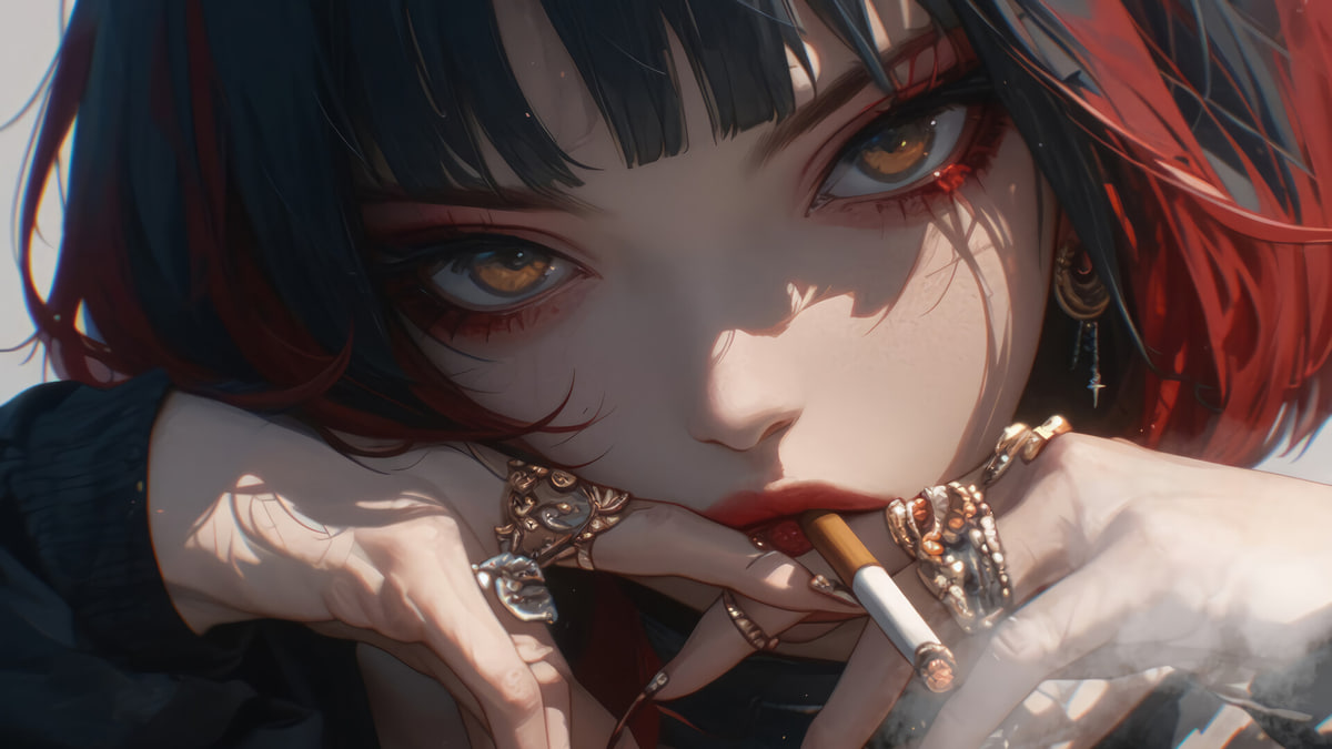 Hình nền anime nghệ thuật với ánh mắt sắc sảo, tóc đen đỏ; chất lượng HD, 1080x1920, phong cách cá tính.