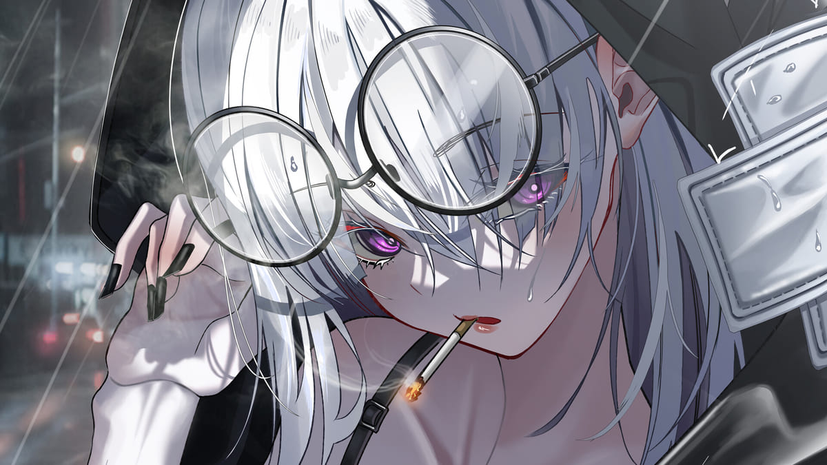 Hình nền anime cô gái tóc trắng, kính tròn, khung cảnh mưa, độ phân giải 1080x1920, chất lượng HD.