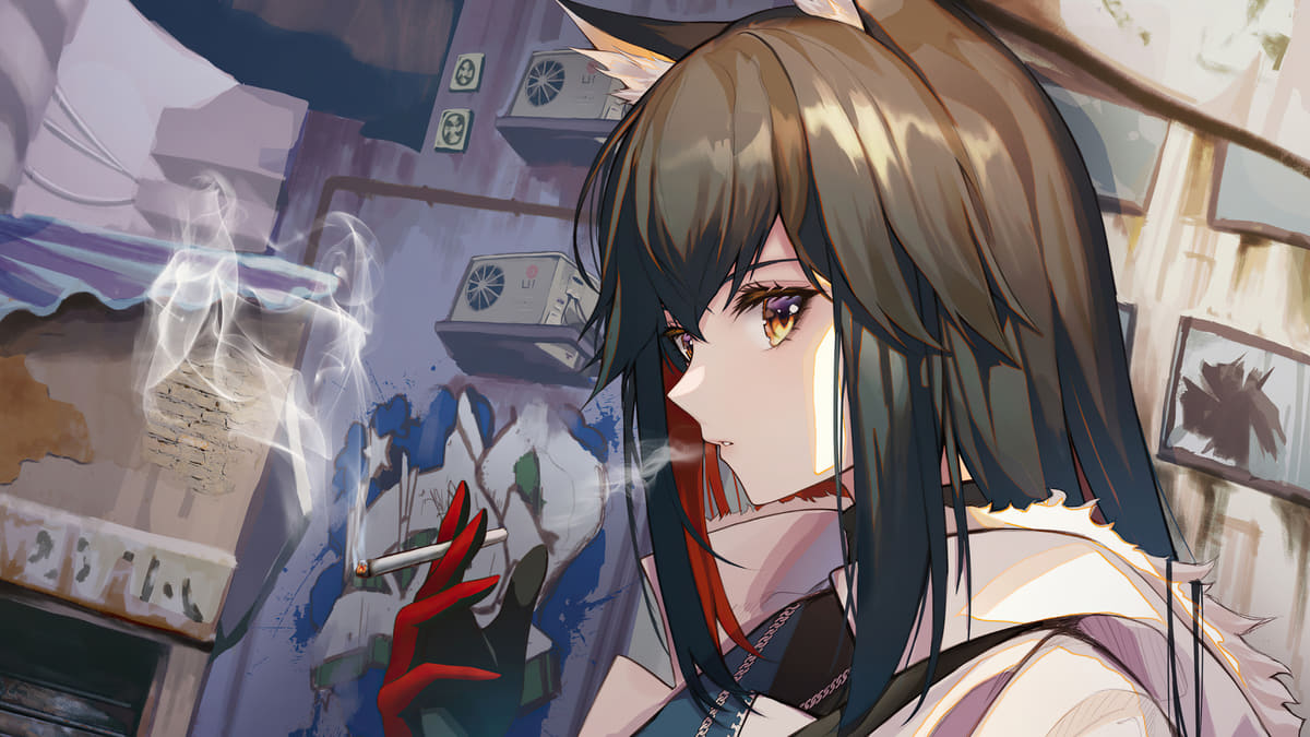 Hình nền anime cô gái tóc đen, tay cầm thuốc lá, phong cách nghệ thuật, độ phân giải 1080x1920 HD.