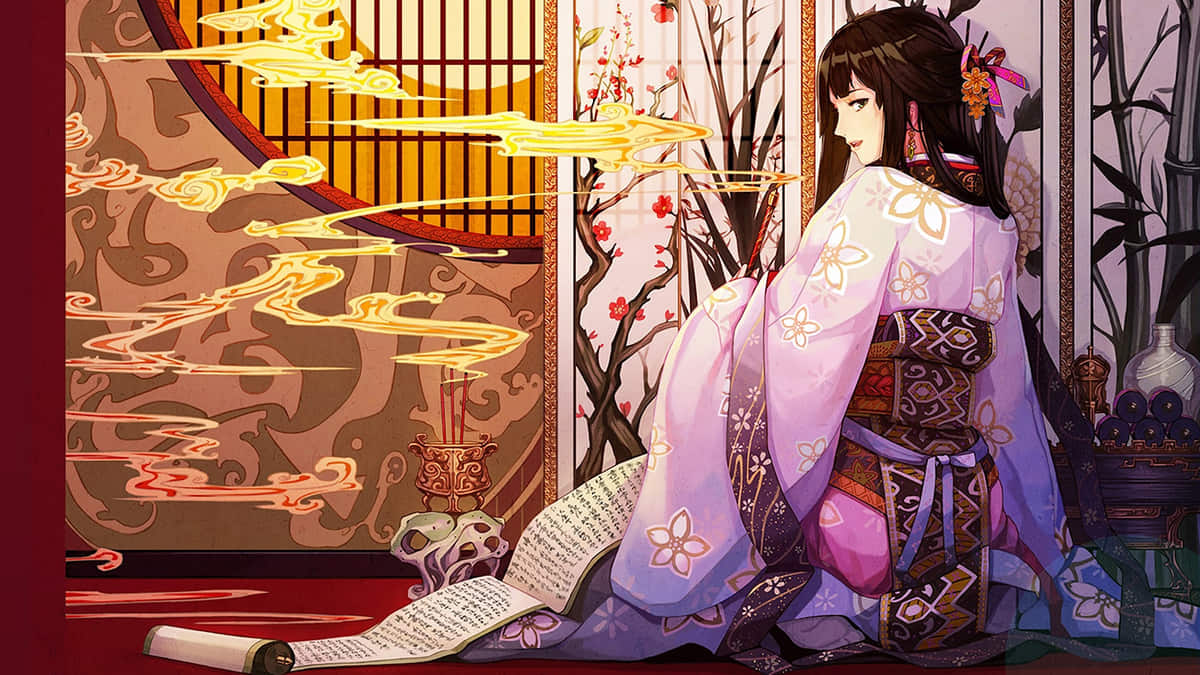 Hình nền anime cổ trang Nhật Bản, cô gái trong kimono, họa tiết hoa, chất lượng HD, độ phân giải 1080x1920.