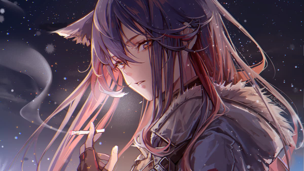 Anime cô gái với tai sói trong tuyết, 1080x1920, chất lượng HD, hình nền ấn tượng, phong cách fantasy.