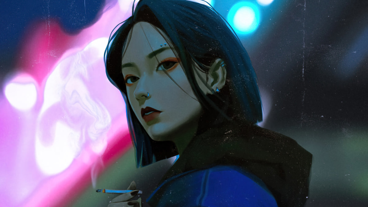 Hình nền nghệ thuật phong cách cyberpunk, cô gái với ánh sáng neon, độ phân giải 1080x1920, chất lượng HD.