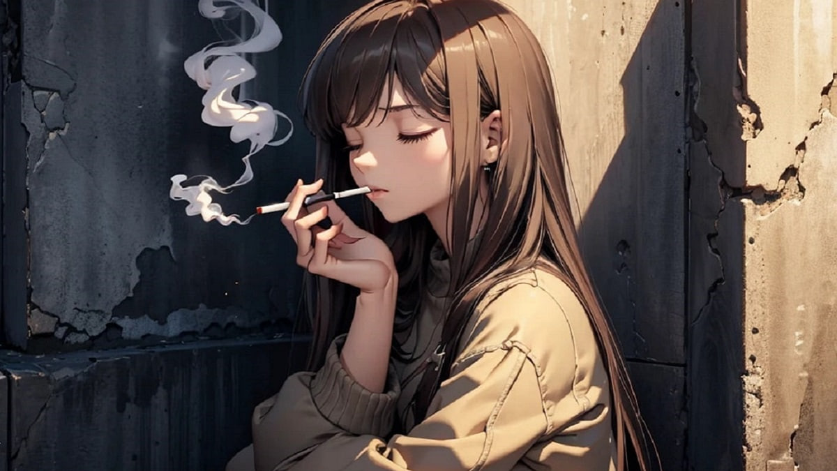 Anime cô gái hút thuốc, phong cách nghệ thuật, nền tường xám, chất lượng HD, độ phân giải 675x1200.