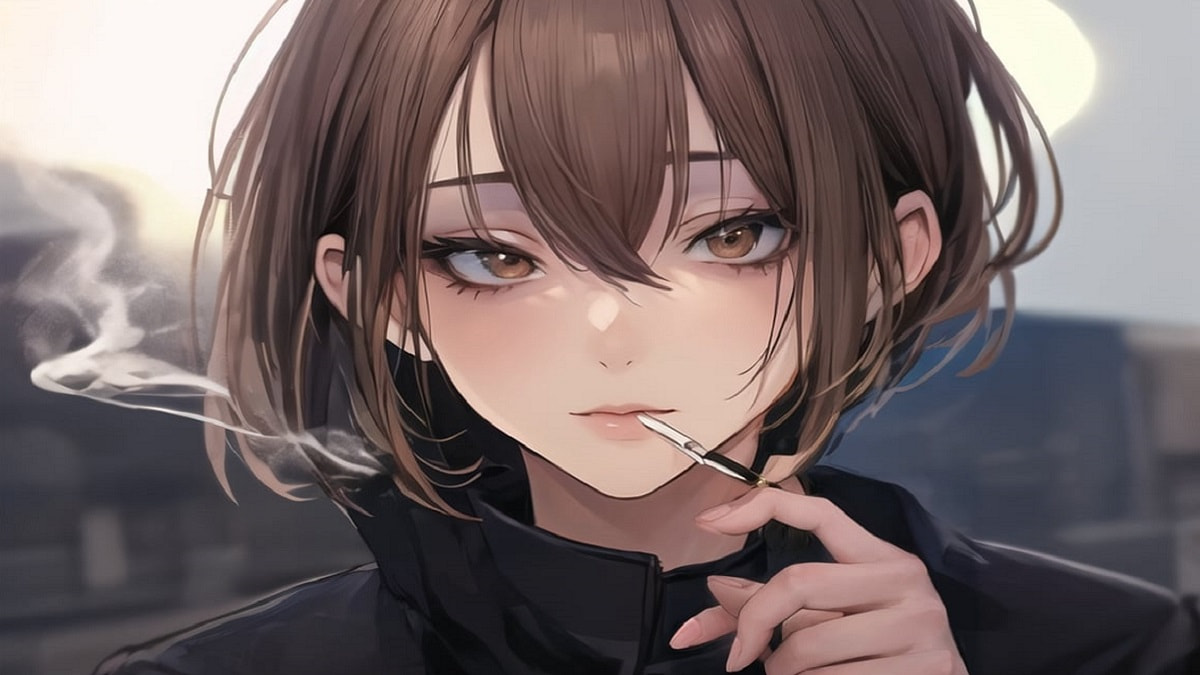 Anime girl with brown hair holding cigarette, HD quality, 1080x1920 resolution, dreamy background, captivating art.