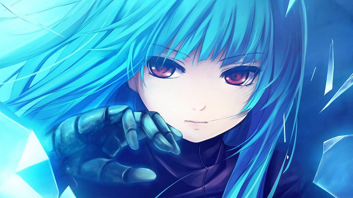 Anime girl with blue hair and intense gaze, 1080x1920 HD, dynamic and captivating wallpaper for desktops.