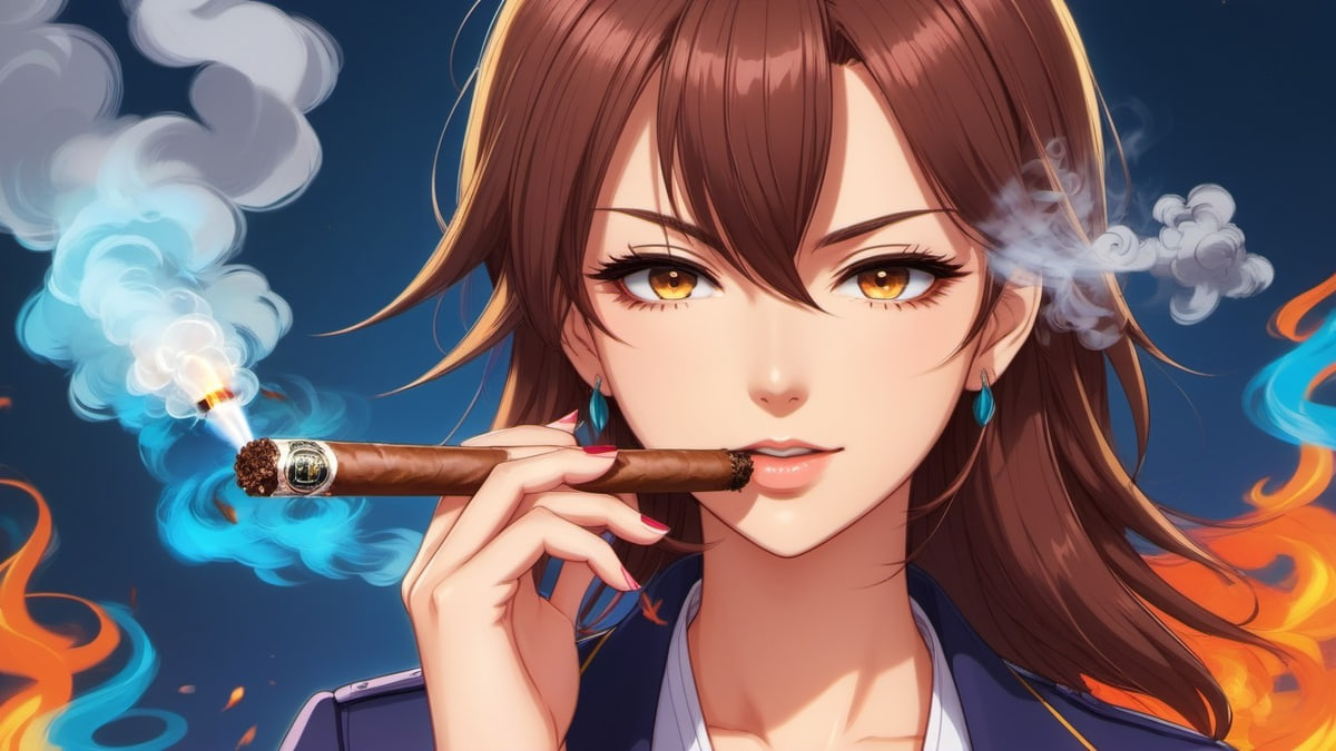 Hình nền anime nữ với xì gà, khói màu sắc nổi bật, độ phân giải 1080x1920, chất lượng HD, phong cách nghệ thuật.