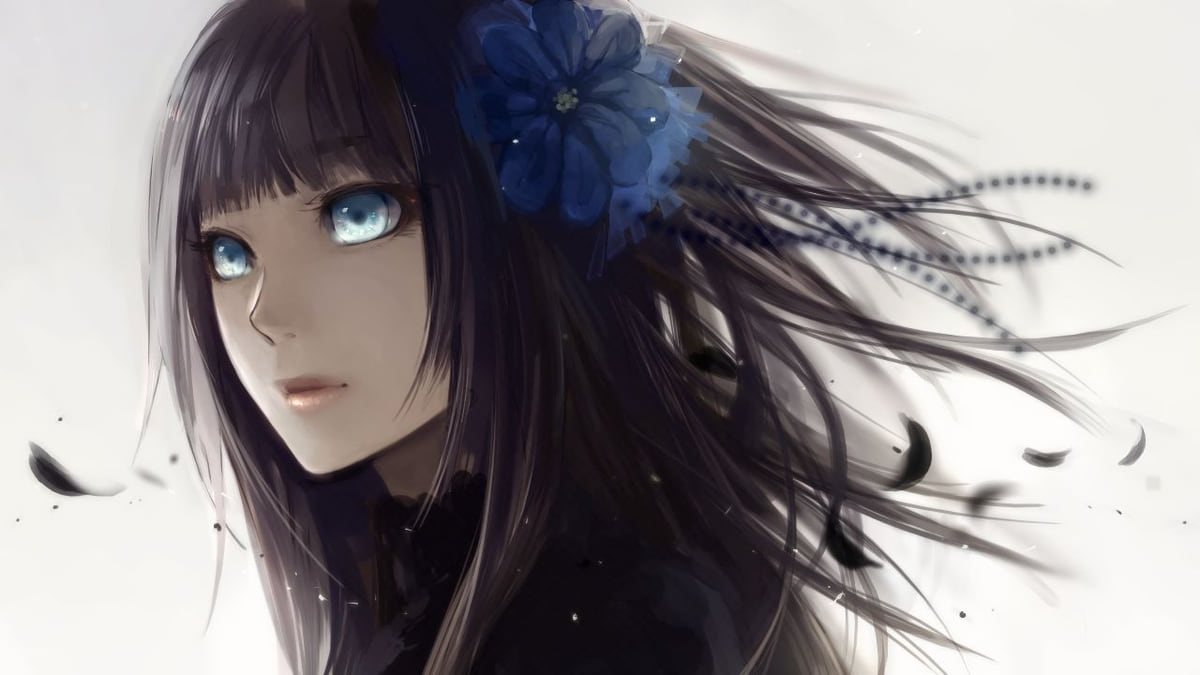 Hình nền anime cô gái tóc dài, mắt xanh, hoa xanh, độ phân giải 1080x1920, chất lượng HD, nghệ thuật cuốn hút.