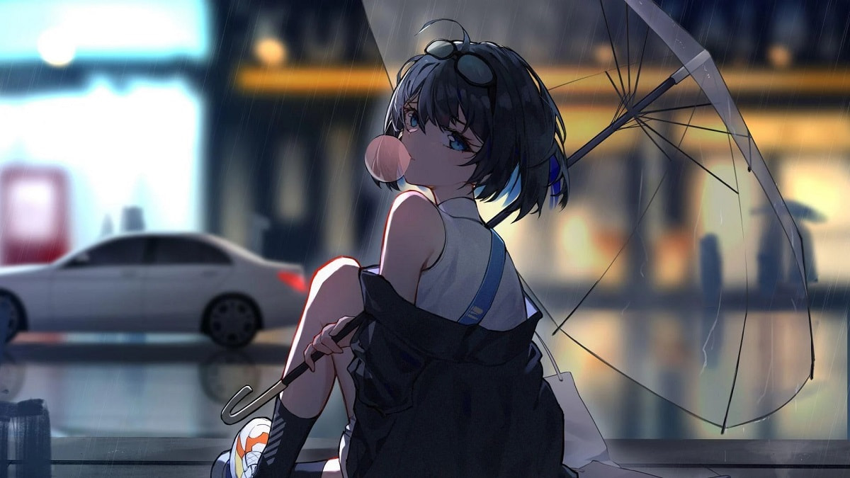 Thiếu nữ anime dưới mưa với ô gấp, bong bóng kẹo; nền thành phố; hình nền HD 1080x1920 sống động.