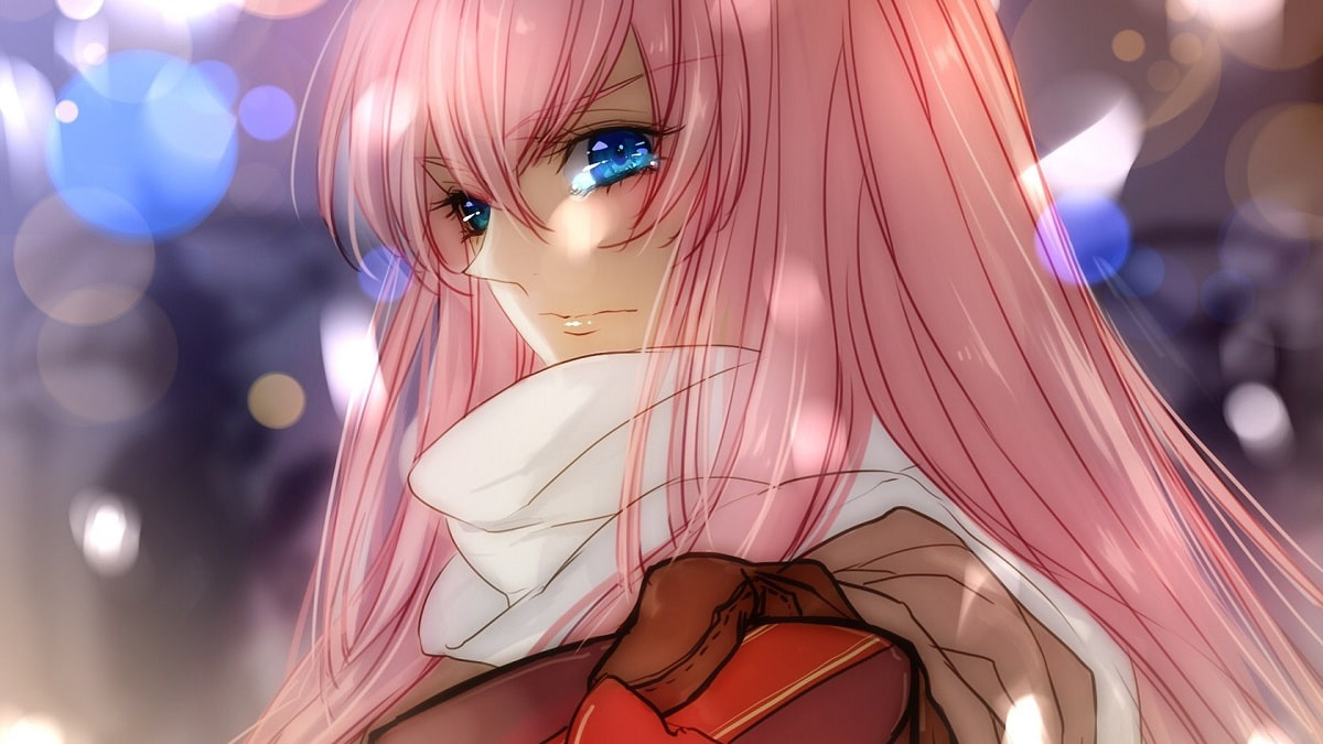 Anime girl với tóc hồng và mắt xanh, hình nền 1080x1920 HD, phong cách bokeh quyến rũ.