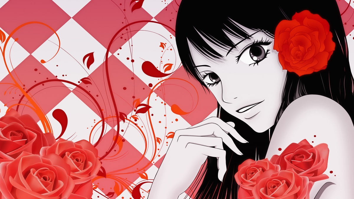 Hình nền anime với hoa hồng đỏ, chất lượng HD, độ phân giải 1080x1920, tạo cảm giác lãng mạn và nghệ thuật.