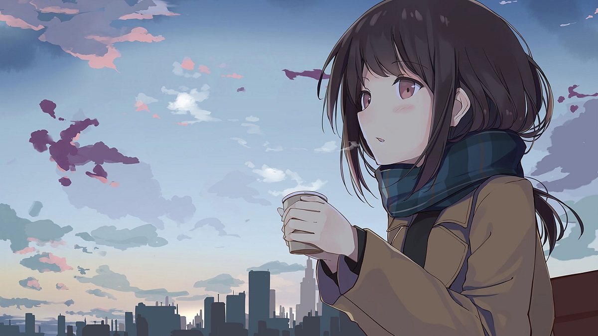 Anime girl holding cup, gazing at city skyline during sunset. High-quality HD wallpaper, 675x1200 resolution.